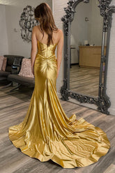 Golden Mermaid Strapless Metallic Corset Long Prom Dress With Slit
